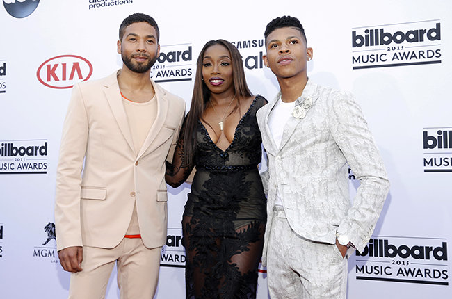 Jussie Smollett, from left, Estelle, and Bryshere Y. Gray arrive at the Billboard Music Awards at the MGM Grand Garden Arena on Sunday, May 17, 2015, in Las Vegas. (Photo by Eric Jamison/Invision/AP)